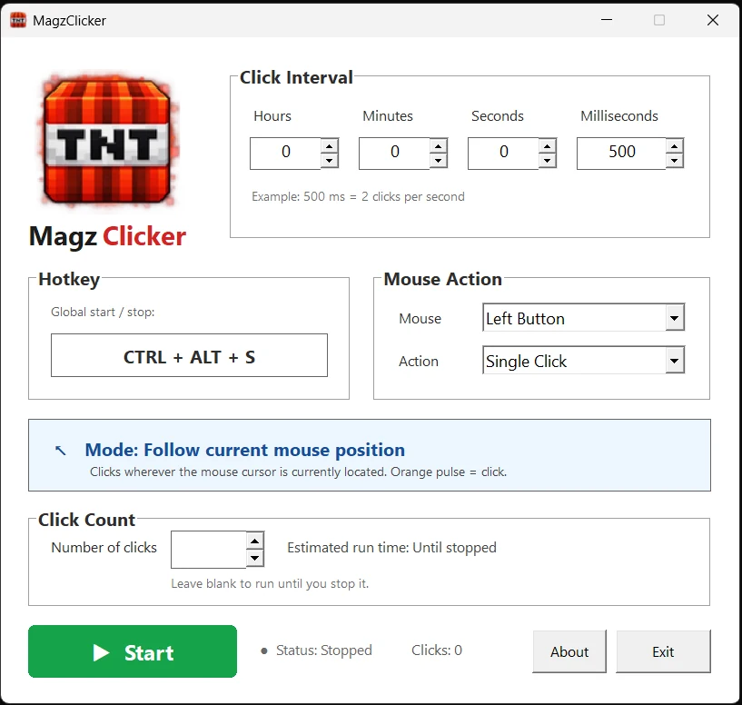 MagzClicker automatic mouse clicker for Windows showing click interval, mouse button, click type, hotkey and click count settings